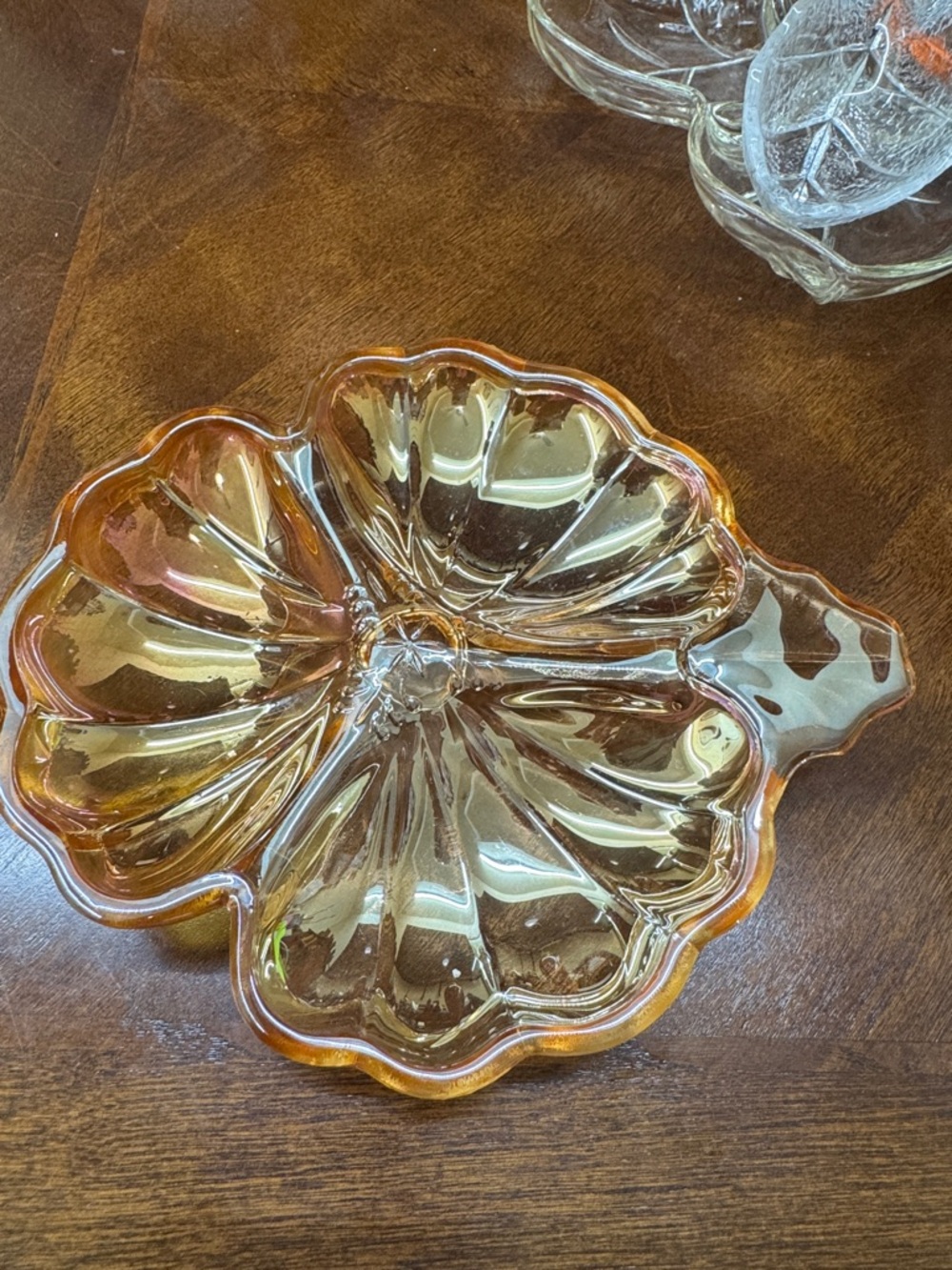 Vintage Jeannette Carnival Glass Marigold 3 Leaf Clover Candy/Nut Dish 7” W.